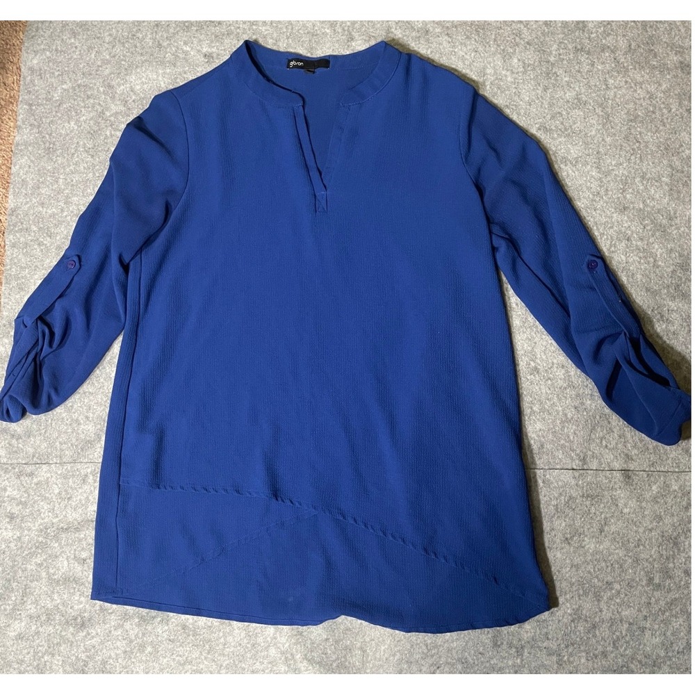 Gibson Womens Royal Blue Split Neck Roll Tab Sleeve Asymmetrical Hem Blouse S